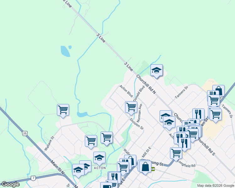 map of restaurants, bars, coffee shops, grocery stores, and more near 32 Spruce Boulevard in Acton