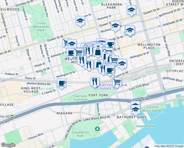map of restaurants, bars, coffee shops, grocery stores, and more near 119 Niagara Street in Toronto
