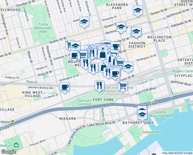 map of restaurants, bars, coffee shops, grocery stores, and more near 119 Niagara Street in Toronto