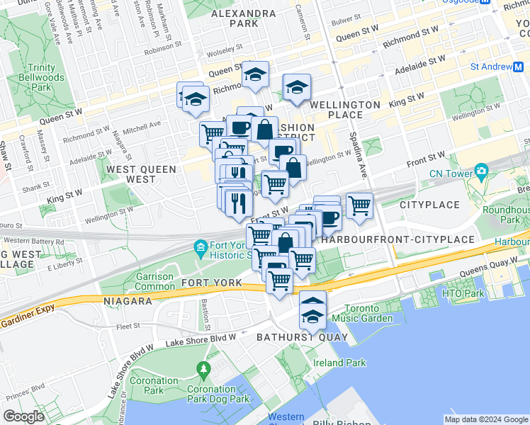 map of restaurants, bars, coffee shops, grocery stores, and more near 552 Front Street West in Toronto
