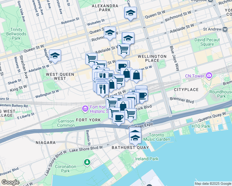 map of restaurants, bars, coffee shops, grocery stores, and more near 560 Front Street West in Toronto