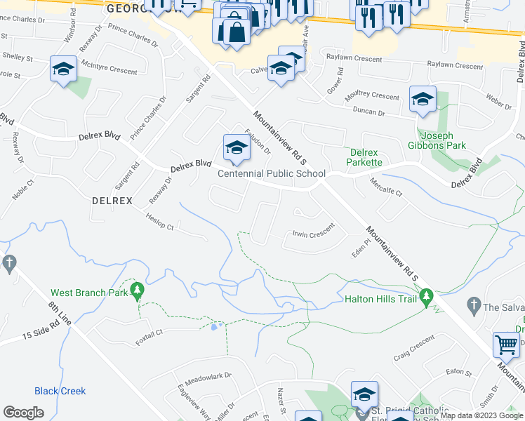map of restaurants, bars, coffee shops, grocery stores, and more near 46 Dawson Crescent in Halton Hills