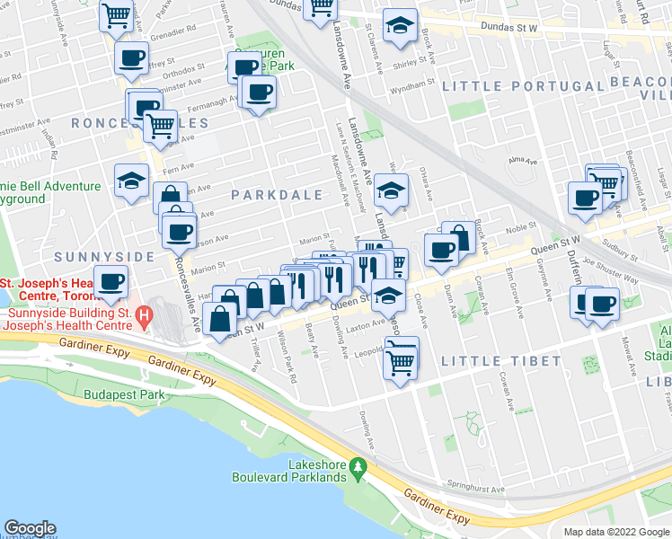 map of restaurants, bars, coffee shops, grocery stores, and more near 32 Fuller Avenue in Toronto