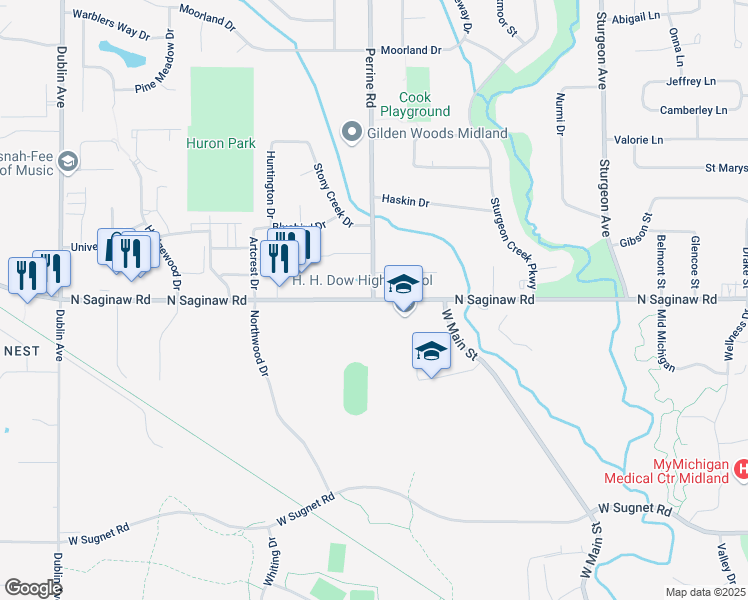 map of restaurants, bars, coffee shops, grocery stores, and more near N Saginaw Rd & Perrine Rd in Midland