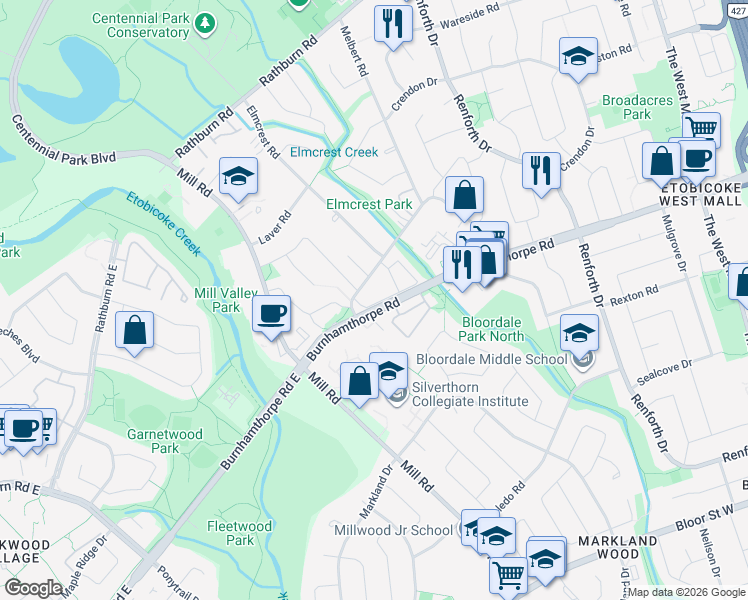 map of restaurants, bars, coffee shops, grocery stores, and more near 45 Burnhamthorpe Road in Toronto