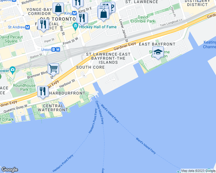 map of restaurants, bars, coffee shops, grocery stores, and more near 29 Queens Quay East in Toronto