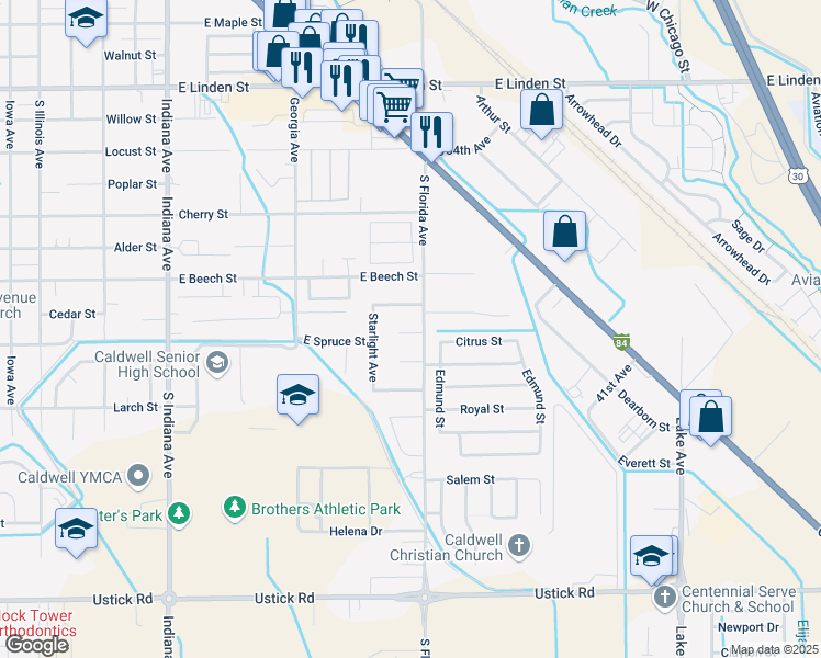 map of restaurants, bars, coffee shops, grocery stores, and more near 2808 Apollo Place in Caldwell