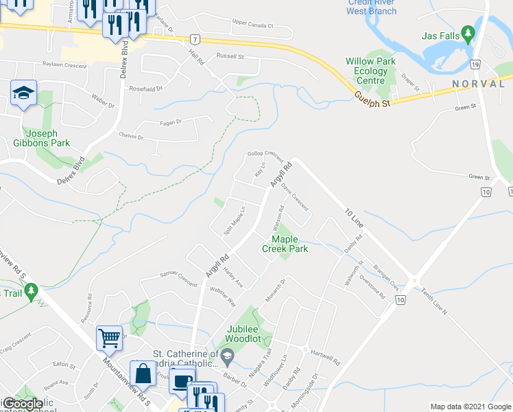 map of restaurants, bars, coffee shops, grocery stores, and more near 15263 Argyll Road in Halton Hills