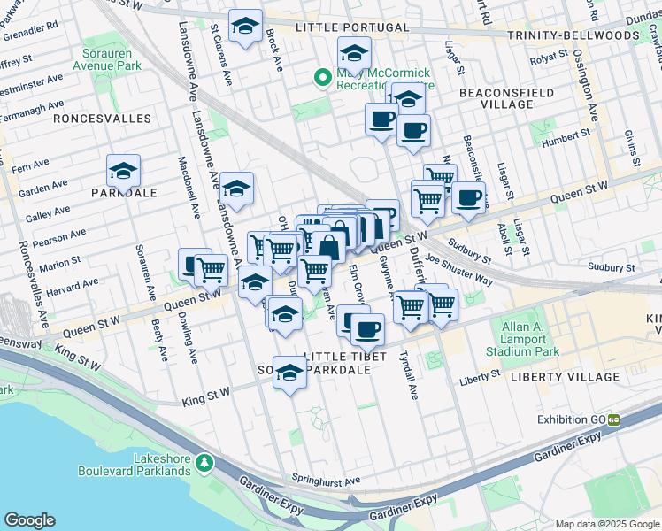 map of restaurants, bars, coffee shops, grocery stores, and more near 1303 Queen Street West in Toronto