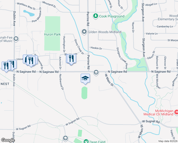 map of restaurants, bars, coffee shops, grocery stores, and more near 3906 North Saginaw Road in Midland
