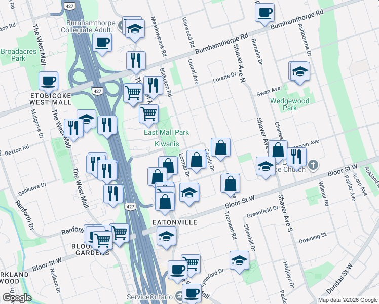 map of restaurants, bars, coffee shops, grocery stores, and more near 26 Nipissing Drive in Toronto