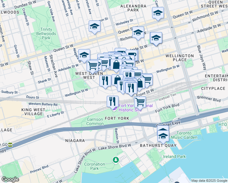 map of restaurants, bars, coffee shops, grocery stores, and more near 11s Tecumseth Street in Toronto