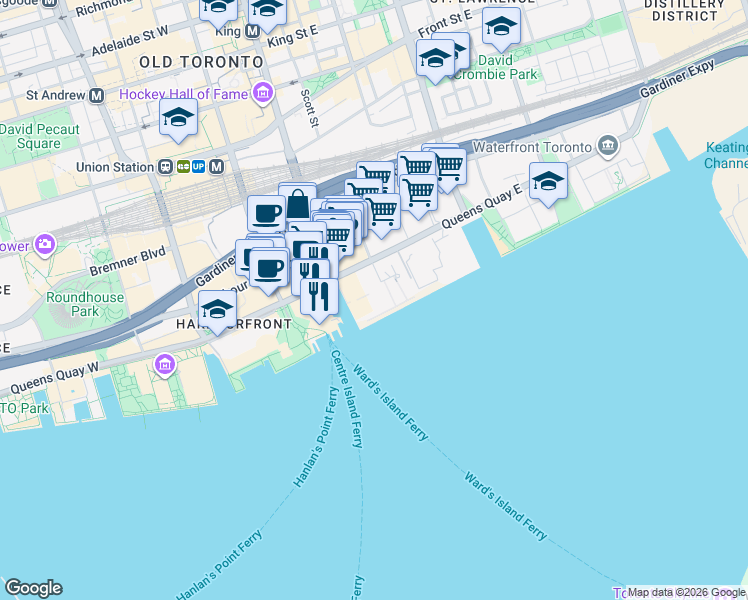 map of restaurants, bars, coffee shops, grocery stores, and more near 29 Queens Quay East in Toronto
