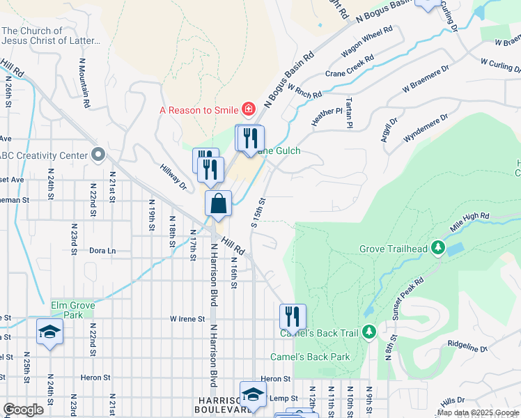 map of restaurants, bars, coffee shops, grocery stores, and more near 2340 North 15th Street in Boise