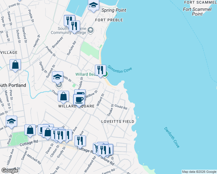 map of restaurants, bars, coffee shops, grocery stores, and more near 15 Willard Street in South Portland