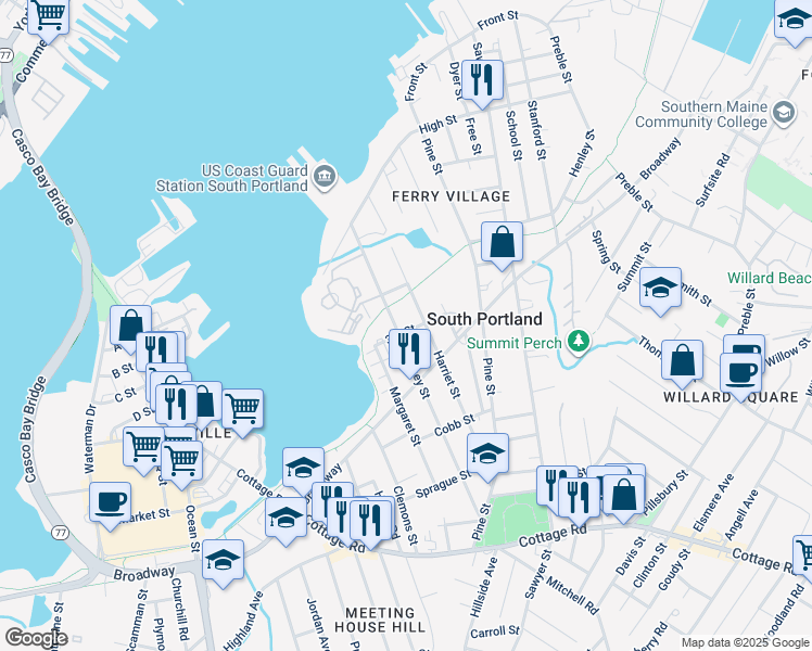 map of restaurants, bars, coffee shops, grocery stores, and more near 123 Harriet Street in South Portland