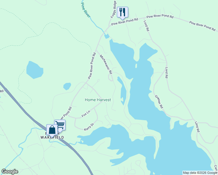 map of restaurants, bars, coffee shops, grocery stores, and more near 238 Michawanic Road in Wakefield