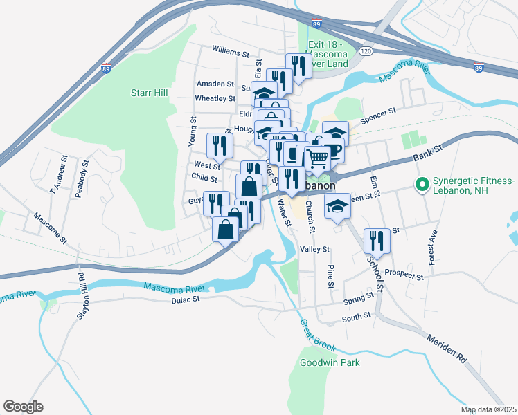 map of restaurants, bars, coffee shops, grocery stores, and more near 25 Mechanic Street in Lebanon