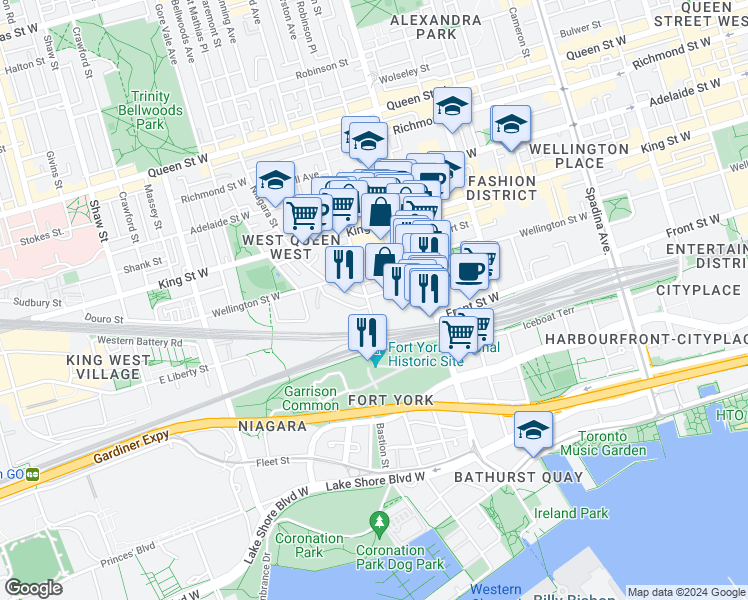 map of restaurants, bars, coffee shops, grocery stores, and more near in Toronto