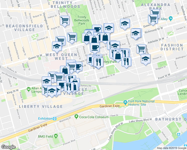 map of restaurants, bars, coffee shops, grocery stores, and more near in Toronto