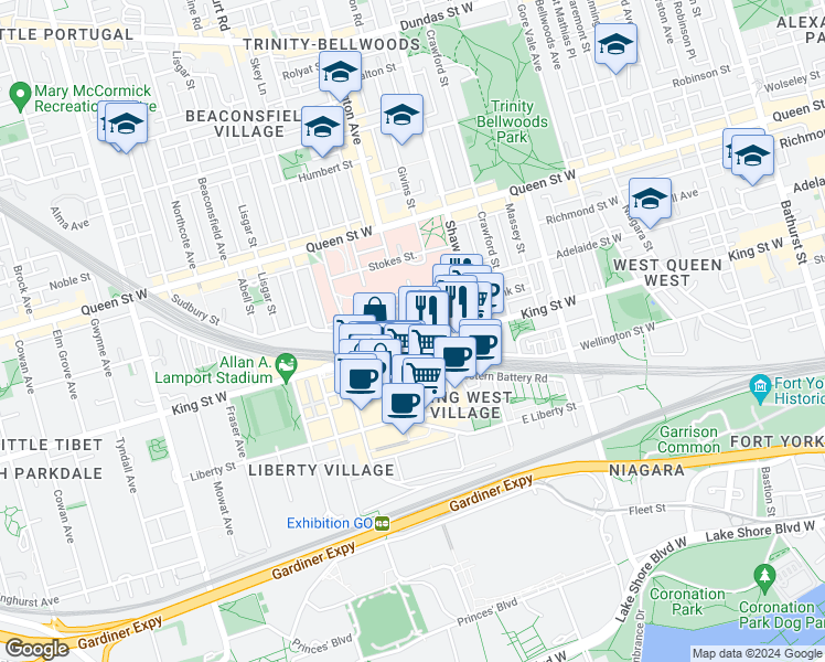 map of restaurants, bars, coffee shops, grocery stores, and more near 1044 King Street West in Toronto