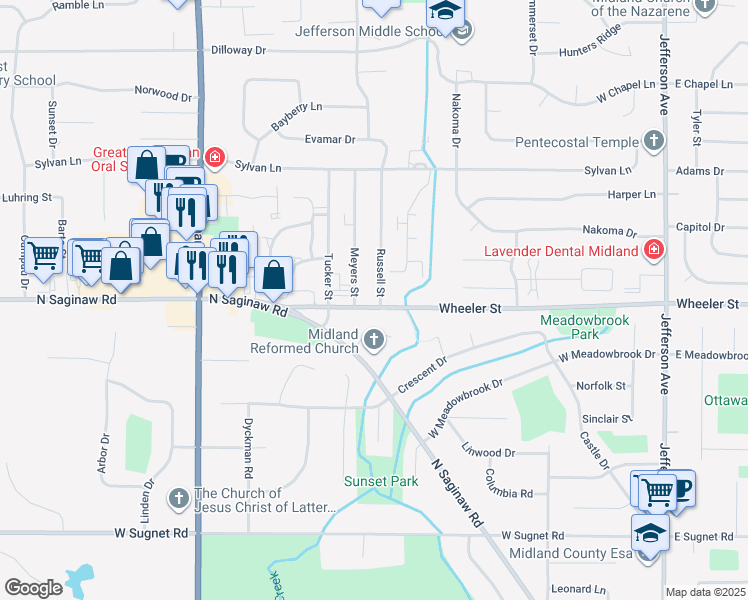 map of restaurants, bars, coffee shops, grocery stores, and more near 4800 Meyers Street in Midland