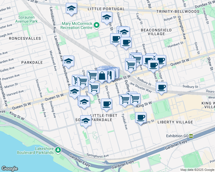 map of restaurants, bars, coffee shops, grocery stores, and more near 1257 Queen Street West in Toronto