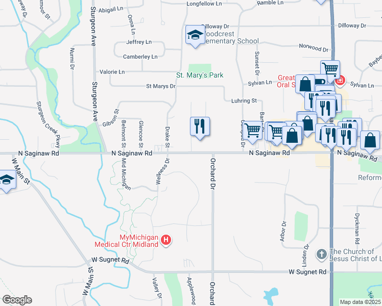 map of restaurants, bars, coffee shops, grocery stores, and more near 2659 North Saginaw Road in Midland