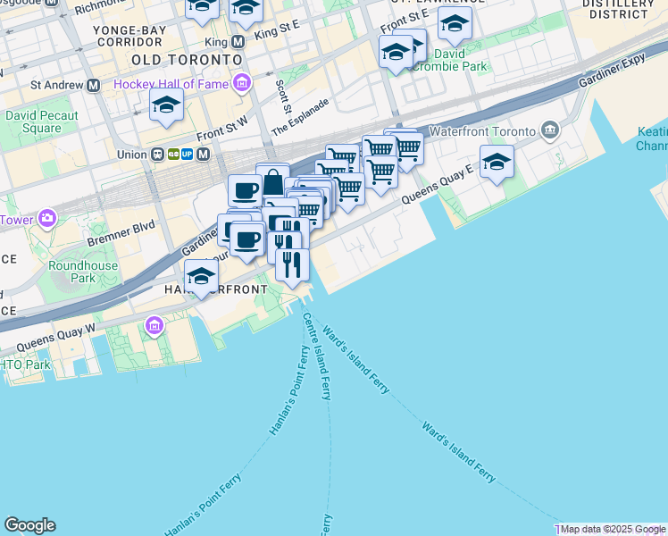 map of restaurants, bars, coffee shops, grocery stores, and more near 29 Queens Quay East in Toronto