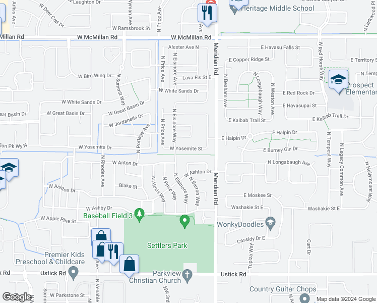 map of restaurants, bars, coffee shops, grocery stores, and more near 173 West Yosemite Street in Meridian