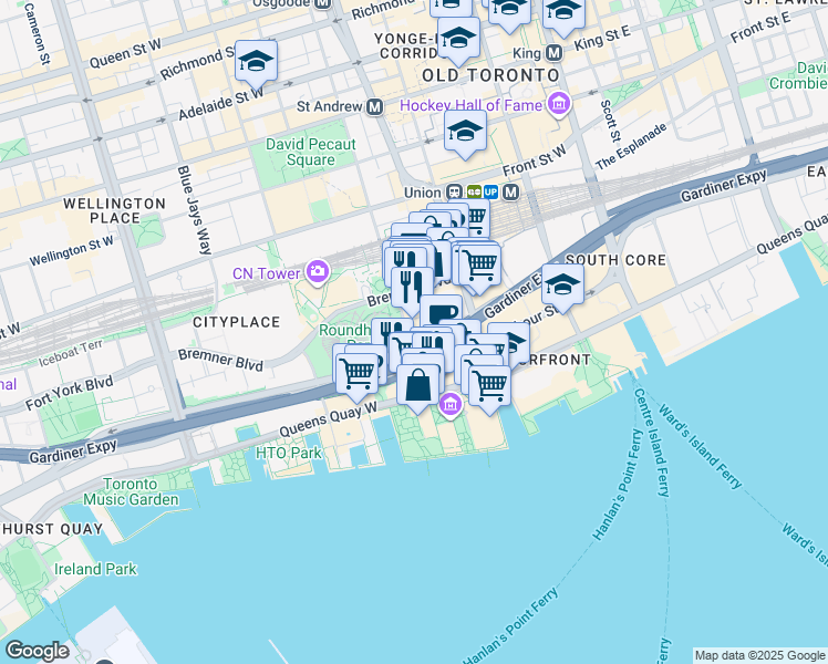 map of restaurants, bars, coffee shops, grocery stores, and more near 25 Lower Simcoe Street in Toronto