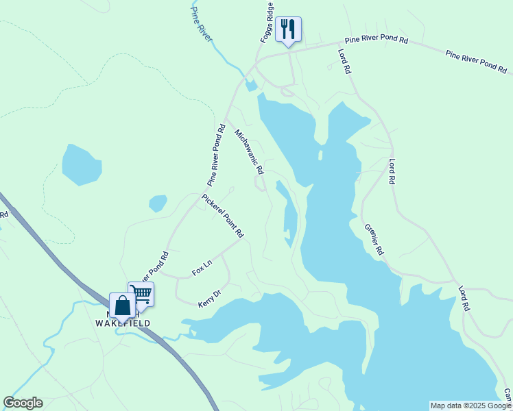 map of restaurants, bars, coffee shops, grocery stores, and more near 238 Michawanic Road in Wakefield