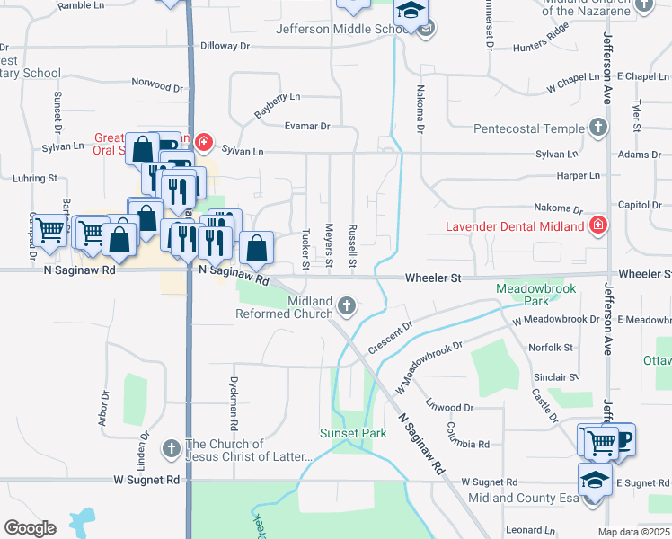 map of restaurants, bars, coffee shops, grocery stores, and more near 4800 Meyers Street in Midland