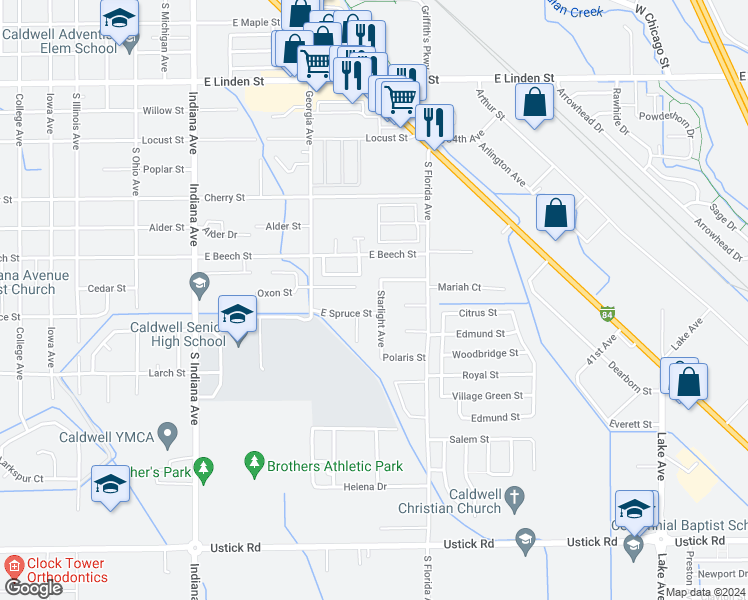 map of restaurants, bars, coffee shops, grocery stores, and more near 3216 Starlight Avenue in Caldwell