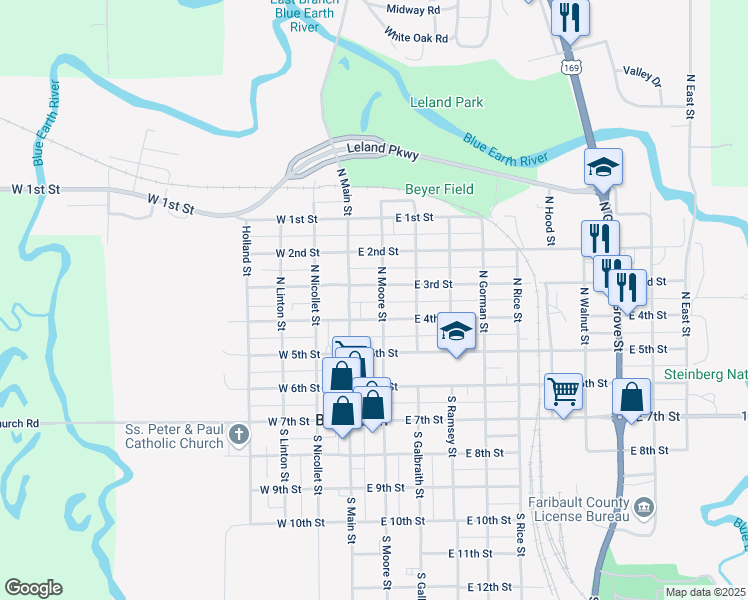 map of restaurants, bars, coffee shops, grocery stores, and more near 203 East 4th Street in Blue Earth