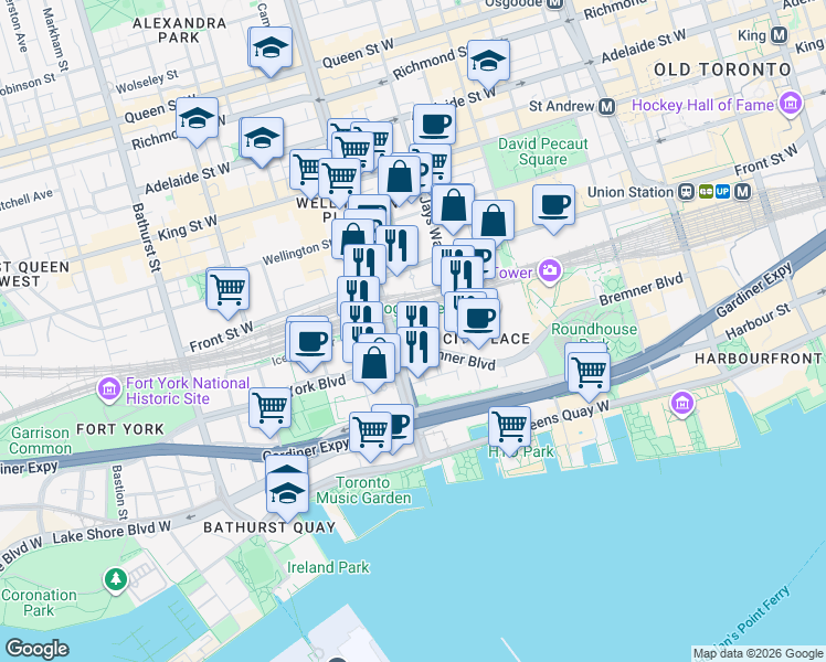 map of restaurants, bars, coffee shops, grocery stores, and more near 23 Spadina Avenue in Toronto