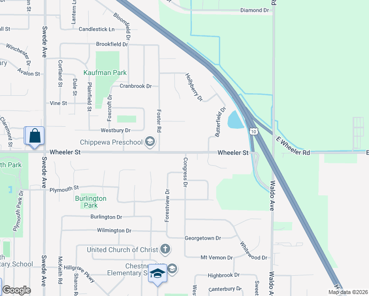 map of restaurants, bars, coffee shops, grocery stores, and more near 2618 East Wheeler Street in Midland
