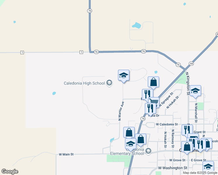 map of restaurants, bars, coffee shops, grocery stores, and more near 825 North Warrior Avenue in Caledonia