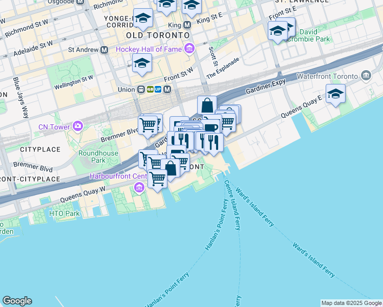 map of restaurants, bars, coffee shops, grocery stores, and more near 21 Queens Quay West in Toronto