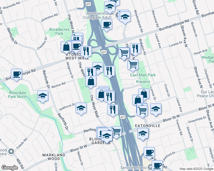 map of restaurants, bars, coffee shops, grocery stores, and more near in Toronto