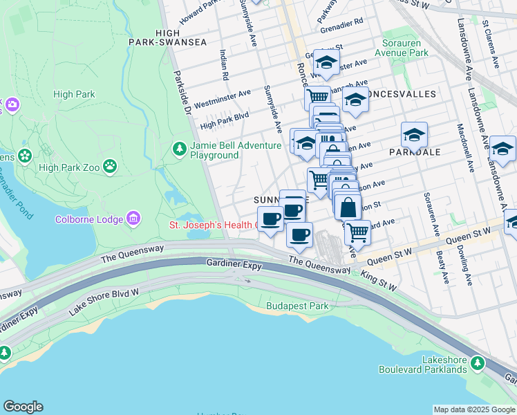 map of restaurants, bars, coffee shops, grocery stores, and more near 50 Parkdale Road in Toronto