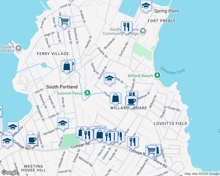 map of restaurants, bars, coffee shops, grocery stores, and more near 87 Thompson Street in South Portland