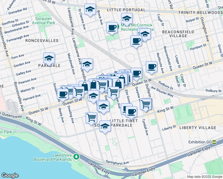 map of restaurants, bars, coffee shops, grocery stores, and more near 1384 Queen Street West in Toronto