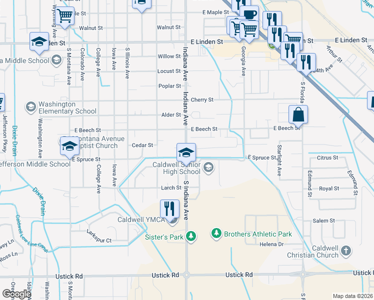 map of restaurants, bars, coffee shops, grocery stores, and more near 3221 South Indiana Avenue in Caldwell