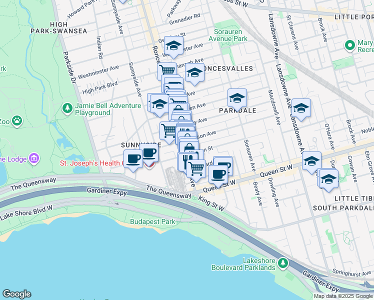 map of restaurants, bars, coffee shops, grocery stores, and more near 73 Roncesvalles Avenue in Toronto