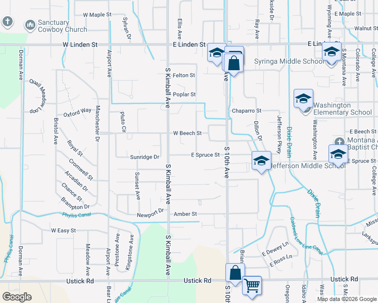 map of restaurants, bars, coffee shops, grocery stores, and more near 120 East Spruce Street in Caldwell