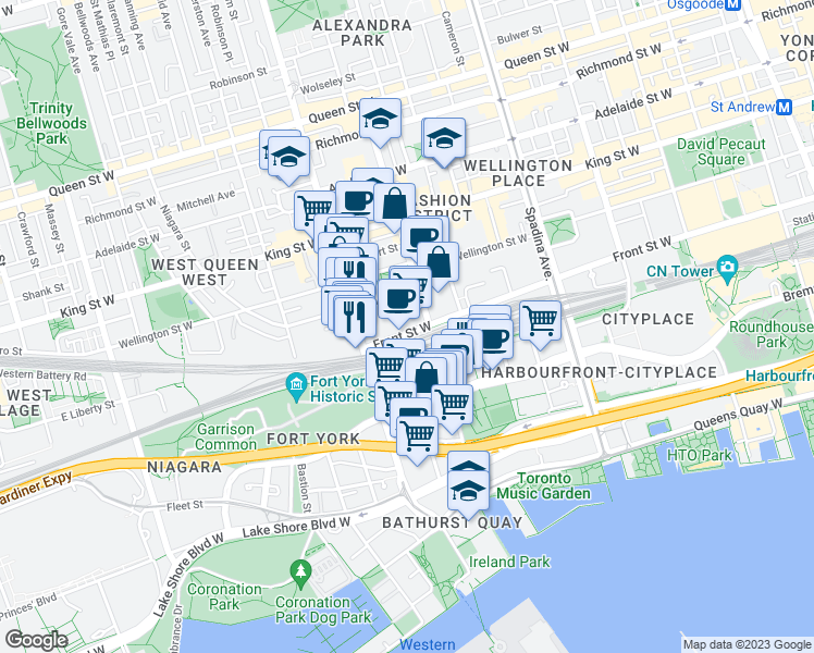map of restaurants, bars, coffee shops, grocery stores, and more near 552 Front Street West in Toronto