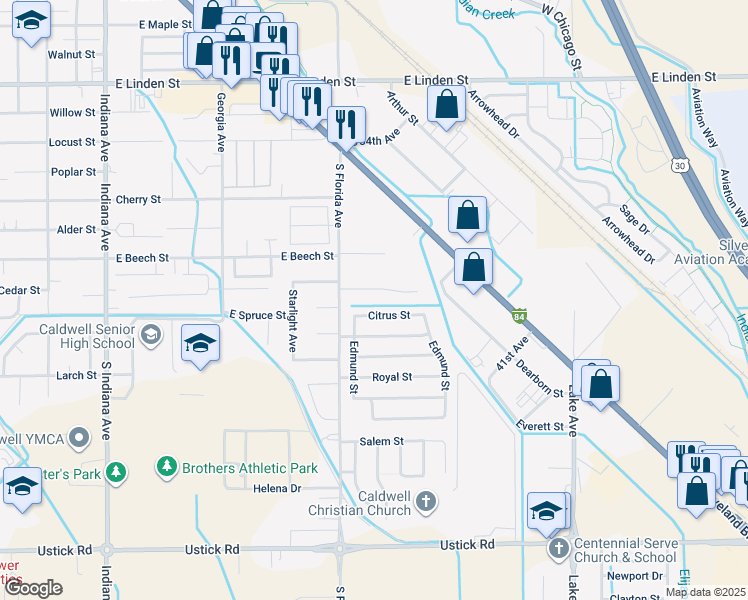 map of restaurants, bars, coffee shops, grocery stores, and more near 3015 Citrus Street in Caldwell