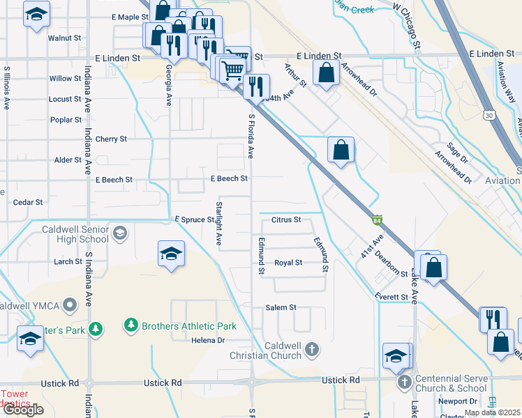 map of restaurants, bars, coffee shops, grocery stores, and more near 2907 Citrus Street in Caldwell