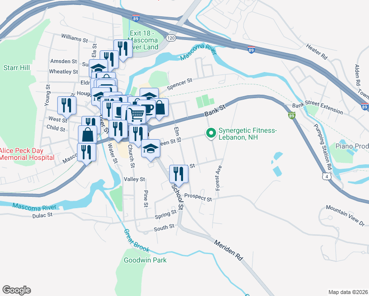 map of restaurants, bars, coffee shops, grocery stores, and more near 37 Elm Street in Lebanon